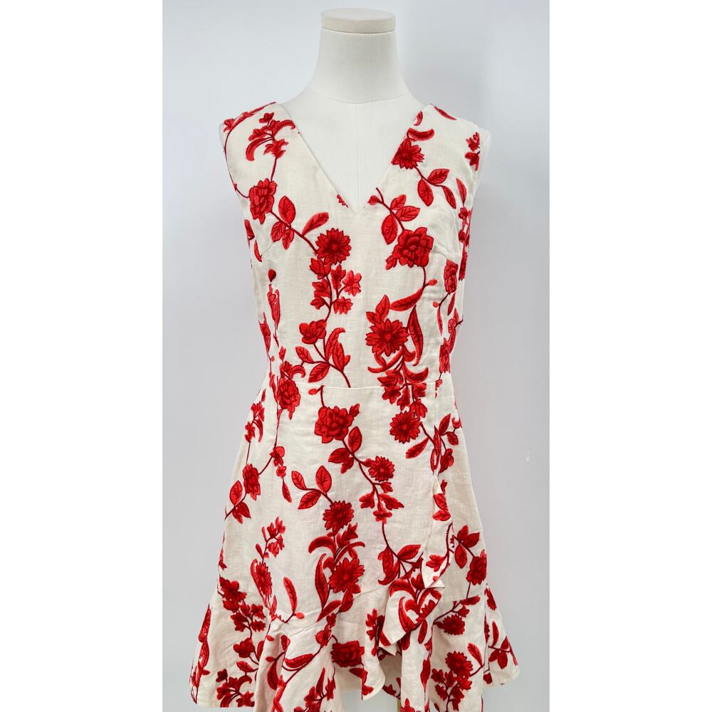 Rebecca Taylor Scarlet White Red Floral Linen Dress Embroidered Ruffle  10 NWT